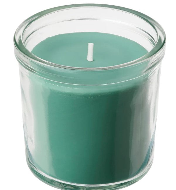 HEDERSAM Scented candle in glass, Fresh grass/light green, 20 hr. 7,5cm