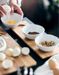 TYNGDLÖS Tray with 3 bowls, bamboo/white