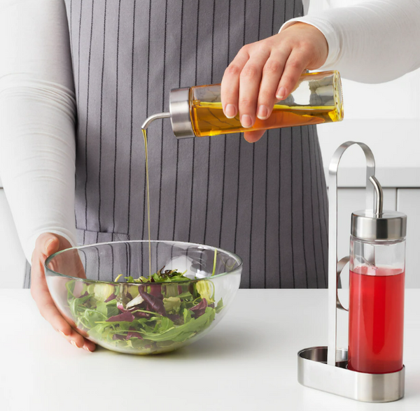 ÖRTFYLLD 3-piece oil/vinegar set, glass/stainless steel