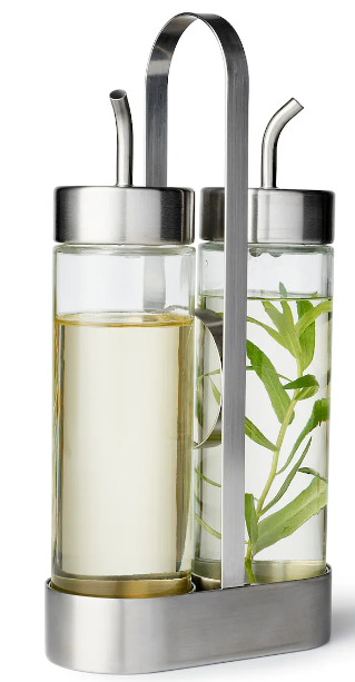 ÖRTFYLLD 3-piece oil/vinegar set, glass/stainless steel