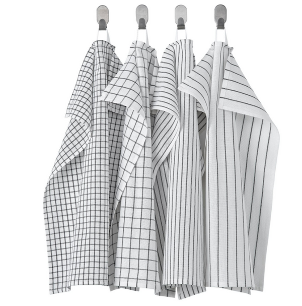 RINNIG Tea towel, set of 4 white/dark grey/patterned, 45x60 cm