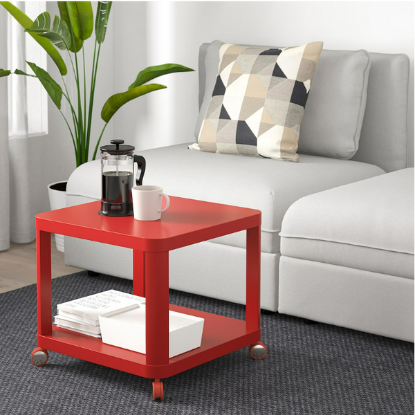 TINGBY Side table on castors, red, 50x50 cm