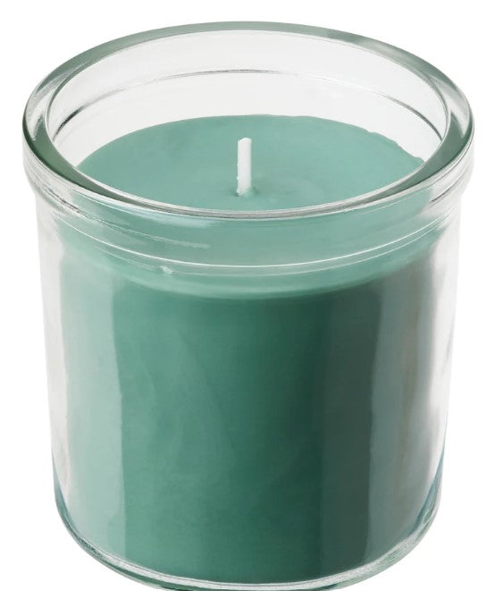 HEDERSAM Scented candle in glass, Fresh grass/light green, 40 hr. 8.5 cm