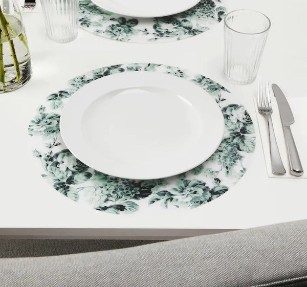 SMAKSINNE Place mat, white/green/flower, 37 cm